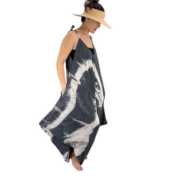 Pōʻalima Charcoal Gray Ivory Tropical Boho Wide Leg Beach Romper - Picture 8 of 16